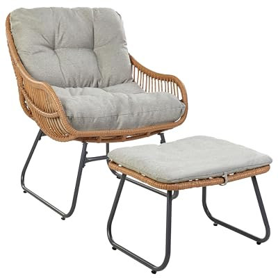 Beliani Gartensessel mit Fußhocker Polyrattan natürlich Auflagen Kissen grau Mestre