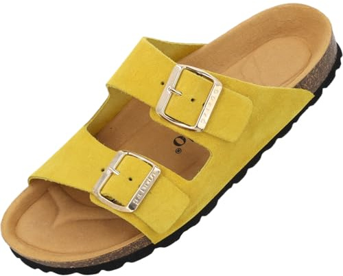Palado Pantoletten Damen Korfu Mono - bequeme Sandalen Made in Spain - Hausschuhe mit dämpfendem Kork-Fußbett - modische Sommerschuhe Gelb UK9,5 - EU43