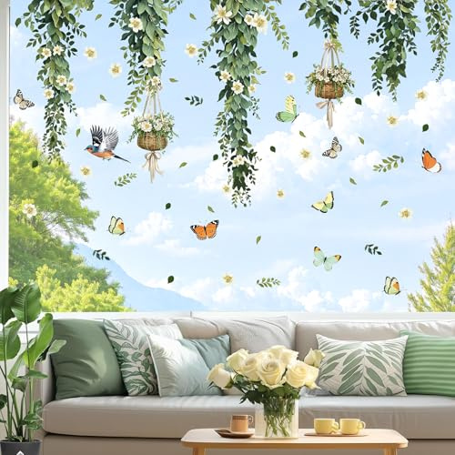KAIRNE Green Vine Flower Butterfly Bird Removable Wall Decal Window Stickers