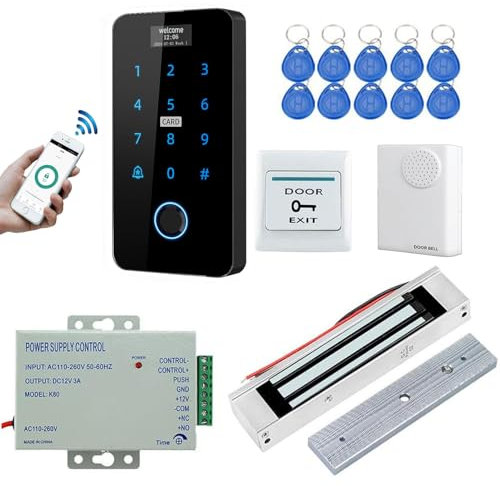 YAVIS Kit WiFi TUYA Türöffner mit Bildschirm Fingerabdruck Zugangscontroller wasserdichte Touch Tastatur RFID ID/IC NFC Kartenleser WG26/34, Elektromagnetisches Schloss 180kg, Netzteil 12V, Türglocke