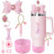 XIANGYUAN 8PCS Pink Bling Accessories Set for Stanley Cup 30oz 40oz Tumbler with Handle,Including Silicone Straw Topper Cover Cap,Spill Proof Stopper,Handle Charm for Stanley Tumbler (Pink I)