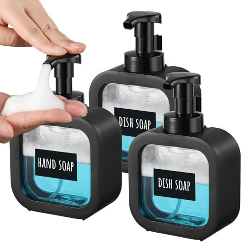 Segbeauty Seifenschaumspender, 3 Stück 300ml Seifenspender Set Schwarz, Schaumspender Kunststoff, Duschgel Spender mit Etiketten, Seifenspender Modern