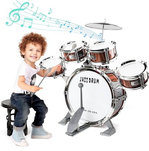 NonKob Batteria per Bambini, Kit Batteria Jazz Strumento Musicale 5 Tamburi con Sgabello, Strumenti Musicali Bambini Compleanno Regalo Educazione Giocattoli per 3 4 5 6 7 anni ragazze ragazzi