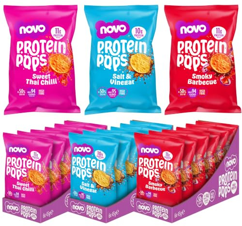 Novo Nutrition Protein Pops 18 Pack, Sweet Chilli, Salt & Vinegar, BBQ | 45g, Multipack, 6 of Each Flavour, Healthy Snack with High Protein, Low Sugar & High Fibre, Eat on the Go, Gluten Free