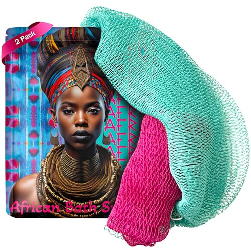 AFRIKI African Net Sponge, African Exfoliating Sponge, Black Owned, Exfoliating Washcloth, Body Exfoliator for Bath and Shower, Back Scrubber (Camelia, Turquoise, 1 Count (Pack of 2))