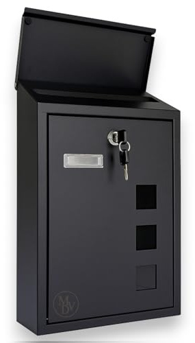 MODOVO Wall Mounted Post Box 40×25×10 cm – Waterproof Lockable Letter Box with 2 Keys Galvanised Steel Mailbox with Nameplate & Viewing Windows Modern Outdoor Post Box for Home & Office