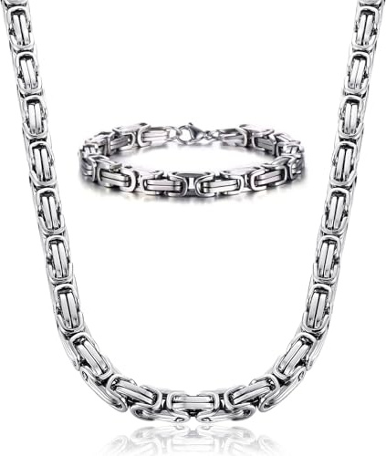 CCAIPU Edelstahl Silber Königskette Set, 5MM Halskette Armband Silberkette Mode Byzantinische Plattenkette für Herren