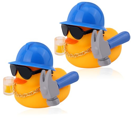 Fukaisu 2pcs Construction Worker Rubber Ducks, Rubber Duck Car Ornaments Dashboard Decorations with Hard Hat, Sunglasses, Hammer, Beer Mug, and Gold Necklace Fun Car Accessories