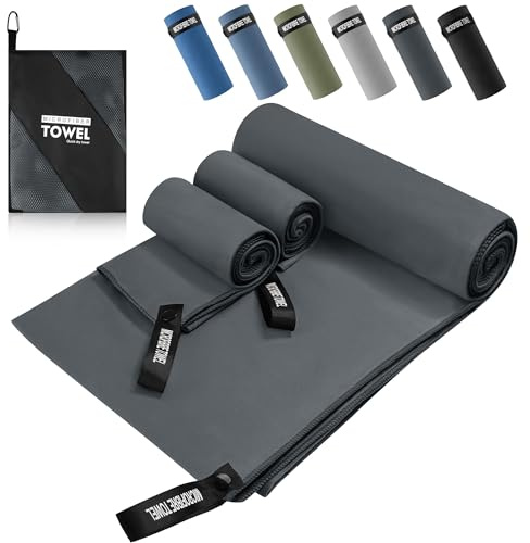 Mikrofaser Handtuch 3er Set, Mikrofaser Handtuch Groß 200x100cm & Mikrofaser Handtücher 2 Klein 80×40cm, Schnelltrocknend und Leicht, Ideal als Sporthandtuch, Strandtuch, Reisehandtuch (Dunkelgrau)