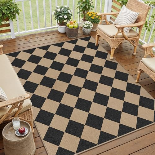PureCozy Outdoor Teppich Wohnzimmer 120x170cm Outdoorteppich Wetterfest Balkon Braun Schwarz Teppiche Jute Optik Waschbarer rutschfest Groß Carpet Terrassen Garten Esszimmer BüRo Indoor Rug