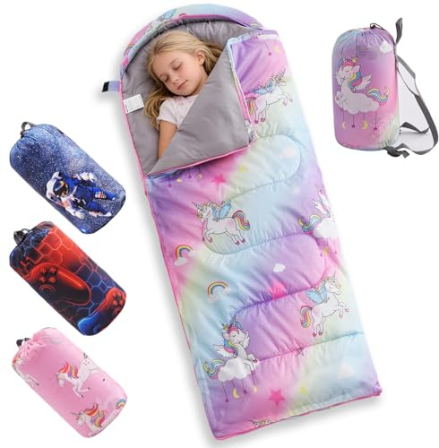 tuphen Kids Sleeping Bag - 3-4 Seasons Portable Sleeping Bag with Compression Sack for Boys, Girls and Toddlers, 2.2 lbs Lightweight Camping Gear Perfect for Camping Hiking Indoor (Purple, 63x26in)