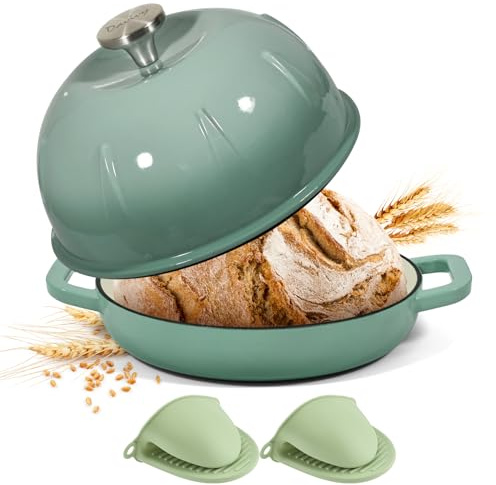 Davivy 5.35L/25cm Dutch Oven, Enameled Cast Iron Sourdough Bread Oven | Cast Iron Pot with Lid, Casserole Pot for Bread Baking, Gifts for Sourdough Bakers (Sea Salt Green, with Mini Oven Gloves)
