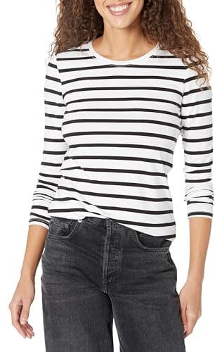 Amazon Essentials Women's Regular-Fit Long-Sleeve Crewneck T-Shirt (Available in Plus Size), Black/White Stripes, M