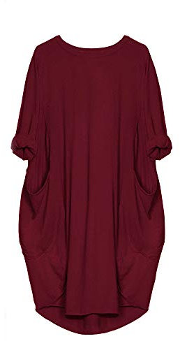 VEMOW Damenmode Tasche Lose Kleid Damen Rundhalsausschnitt beiläufige Tägliche Lange Tops Kleid Plus Größe(X1-x-Weinrot, 48 DE/XL CN)