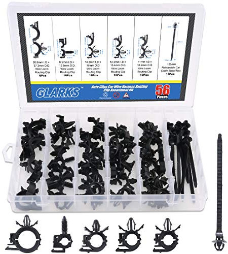 Glarks 56-Pieces Auto Clips Car Wire Harness Routing Clip Assortment Kit for Honda GM Mazda, 6 Size From 3/8 to 3/4 Loom Clips