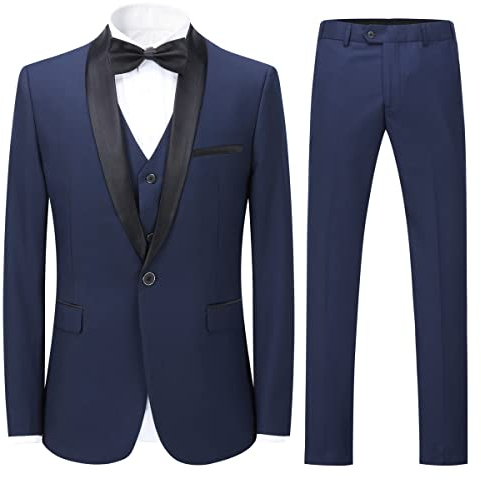 Sliktaa Mens Suits 3 Pieces Slim Fit Wedding Formal Dinner Suit Dark Blue One Button Notched Lapel Tuxedo Blazer Jacket Trousers and Waistcoat, XXL, Dark Blue 1