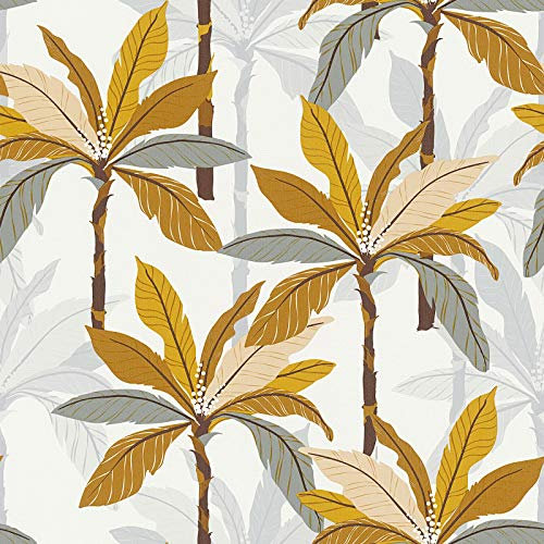 Papier peint tropical jaune gris blanc | Tapisserie palmier pour salon moderne | Papier peint tropical palmier coloré pour entrée