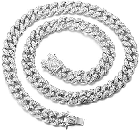 Halukakah Diamant Kubanische Kette für Kind,14MM Jungs 18 Karat Echtes Gold/Platin Weißgold Überzogen Halskette Armband Labordiamanten Zinken-Set 8-15 Jahre.KOSTENLOSE Geschenkbox