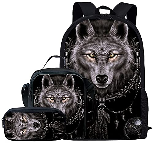 Kuiaobaty Schulranzen Set für Mädchen Jungen 3 in 1 Schultasche mit Lunchtasche Federmäppchen für Mittelschule, Wild Wolf, Einheitsgröße, Modern