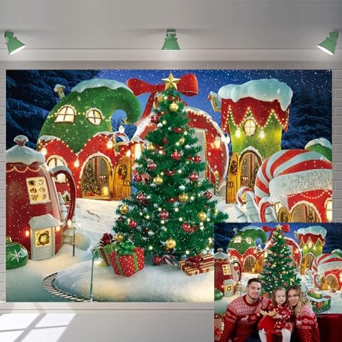 Cartoon Weihnachtsdorf Fotografie Hintergrund Winter Schnee Kiefer Baum Hintergrund Xmas Märchen animiert Kid Party Photo Booth Banner Supplies (2,4 x 1,8 m)