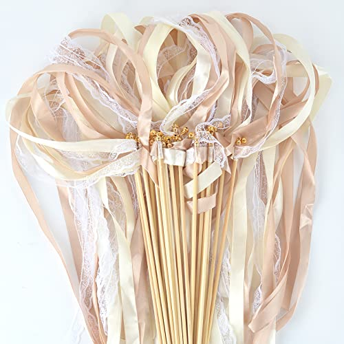 50 Stück Wedding Wands Stäbe mit Hochzeitsbändern Seidenfeenstab,Wedding Twirling Streamers für Hochzeit Geburtstag Party (Beige)
