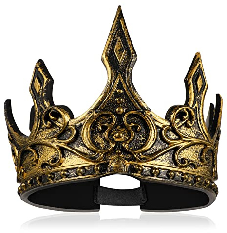 ABOOFAN Tiara Halloween König Krone für Herren Antik Gold PU Schaum Weich Verstellbar Mittelalter Königliche Kopfbedeckung Performance Cosplay Prop Party Supplies (Zufälliges Muster)