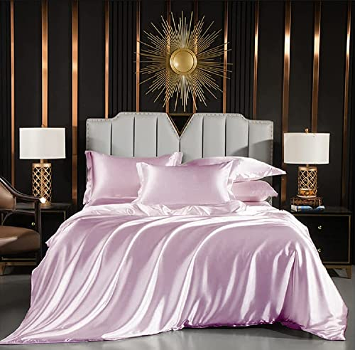 Luofanfei Housse de Couette 220x240 Rose poudré Satin Parure de lit Unie Adulte 2 Personne Ensemble Literie Modern Uni Linge de Lit avec Fermeture éclair et 2X 65x65cm Taies d'oreiller