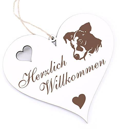 Herzlich Willkommen Schild - Jack Russel Terrier Kopf - Deko Herz Holz Willkommensschild Türschild Dekoschild Türdeko