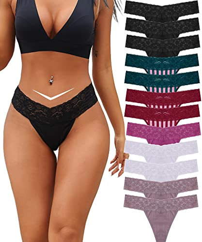 BeReady Cotton Thongs for Women Lace Underwear Women T Back Low Waist Thong Knickers for Women Multipack Pack of 6/12, A-12 Pack (Black-3 Green-2 Red-2 White-2 Khaki-2 Rose Red-1), XL