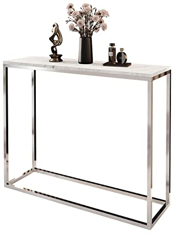 lukmebel Moderner Universal-Konsolentisch für Flur Wohnzimmer Schlafzimmer Industriestil Design laminierte Platte Platte Plus Stahlrahmen Schutzkante 30x100x80cm Chrom/Levanto-Marmor