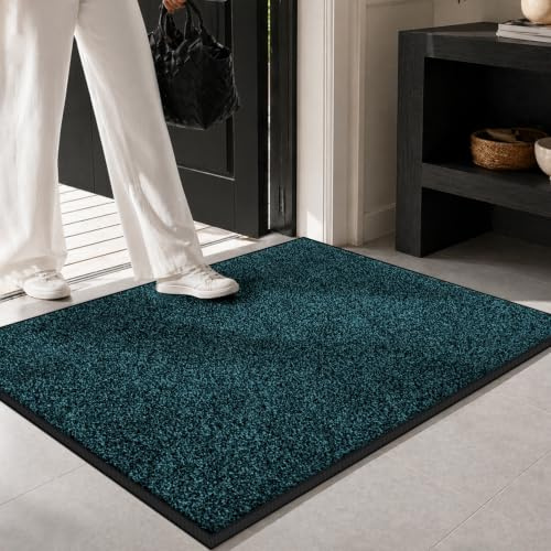 Mibao Dirt Trapper Door Mat for Indoor&Outdoor, 43 x 75 cm, Black Blue, Washable Barrier Door Mat, Heavy Duty Non-Slip Entrance Rug Shoes Scraper, Super Absorbent Front Door Mat Carpet