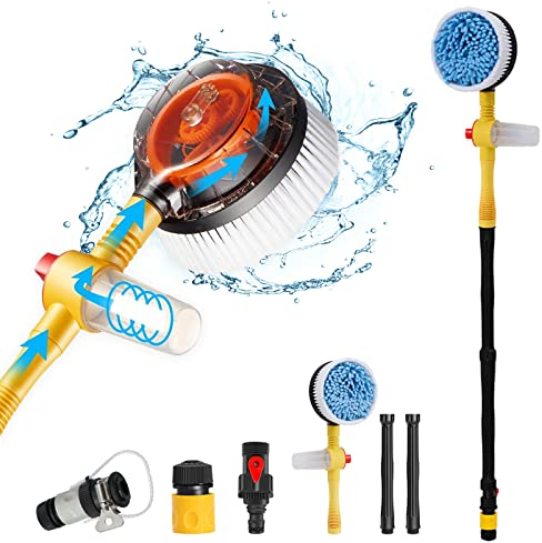 Practisol Car Wash Brush with Hose Attachment, 360 Spin Car Wash Brush with Soap Dispenser, Soft Bristle Car Cleaning Brush Mop Scrub Brush, Flow Through Car Washing Brush Kit Long Handle (Yellow)