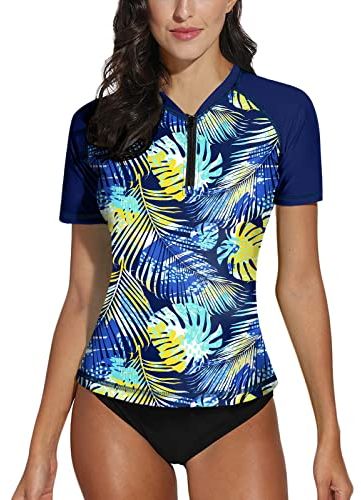 BesserBay Damen Schwimmshirt Atmungsaktiv UV Shirt 1/4 Zip UPF 50+ Sonnenschutz Bananenblatt Navy Kurzarm Rash Guard L