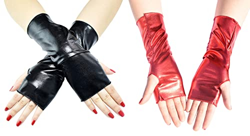 SEAUR Damen Armstulpen Wetlook Fingerlos Handschuhe Goth Punk Lackleder Armwärmer Rot Schwarz Stulpen für Cosplay Karneval Party Halloween Kostüm - 2 Paar