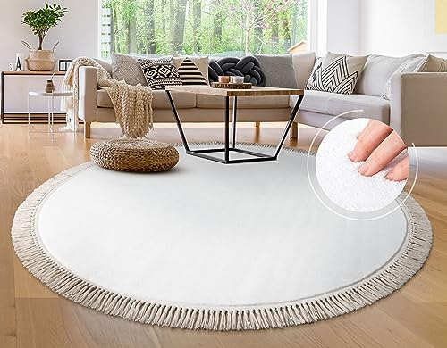 Paco Home Teppich Rund Wohnzimmer Kinderzimmer Hochflor rutschfest Einfarbiges Design Mit Fransen Weich Moderne Deko, Grösse:120 cm Rund, Farbe:Creme