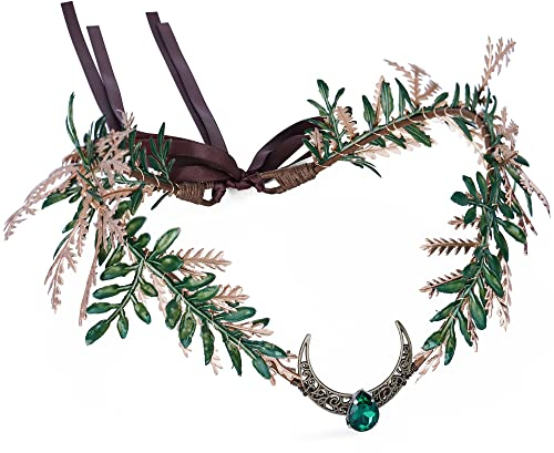 MOSTORY Handgefertigtes Mondblatt-Stirnband, Waldfeenkrone, Kopfschmuck für Hochzeit, Braut, Dunkelgrün, Elfen, Kreis für Damen, Cosplay, Kostüm, Zubehör, Renaissance, Halloween, Party, Goldgrün