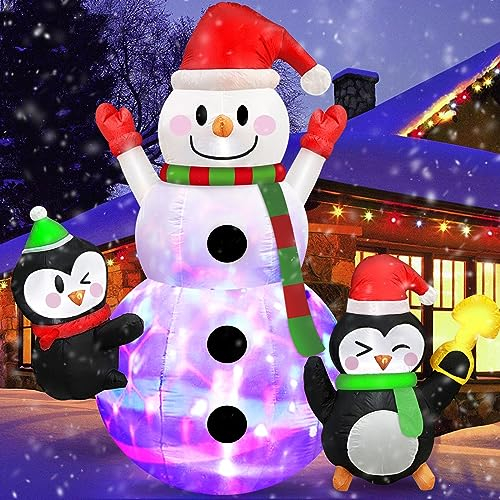 Danxilu 6FT/180CM Schneemann Aufblasbar mit Pinguinen Drehend Bunte Led Lichts, Aufblasbare Weihnachtsdeko Frosti Niedliche Schneemann, Aufblasbarer Schneemann für Außen, Hof, Garten, Rasen, Innen