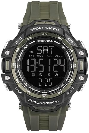 Sekonda Crossfell Digitale Herren-Quarzuhr, 53 mm, schwarzes LCD mit digitaler 100-Jahres-Kalenderanzeige und schwarzem Kunststoffarmband, Khaki, Khaki, Armband