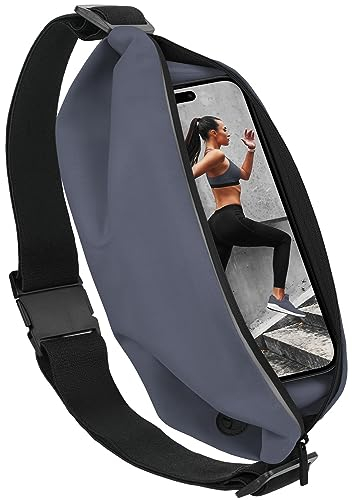 moex Lauftasche Jogging für iPhone 15 Pro Max Handytasche zum Joggen, Handy Laufgürtel, Bauchtasche Sport Laufgurt Fitness Running Belt, Sportgürtel Hüfttasche, 1 Fach, Grau