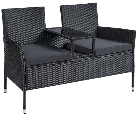 SONGMICS Gartenmöbel, Balkonmöbel aus PE-Polyrattan, Gartenbank, mit Tisch, Sofa, Terrassenmöbel, Outdoor, mit Kissen, für Terrasse, Garten, Balkon, schwarz-dunkelgrau GGF022B01