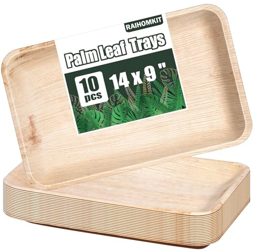 RAIHOMKIT Lot de 10 plateaux jetables en forme de feuille de palmier - Plats de service jetables en forme de feuille de palmier - Plats de service écologiques pour mariage, restauration (35,6 x 25,4