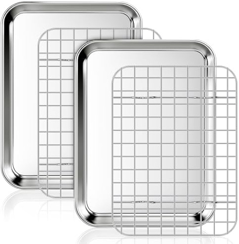 Fire More Backblech mit Abkühlgitter, 2 Edelstahl Backbleche und 2 Kühlgitter für Ofen, 23,5 x 17,5 x 2,5 cm Rechteckig Ofenblech zu Backen/Servieren