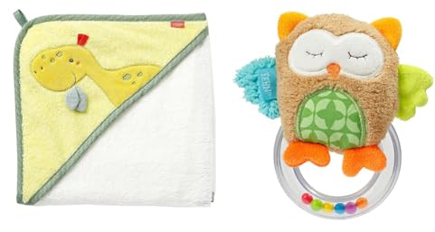 Fehn Badetuch Baby Dino - Badehandtuch Kinder Poncho aus Frottee & Rasselring Spielzeug Eule - Motorikspielzeug Greifling zum Rasseln, Fühlen, Spielen