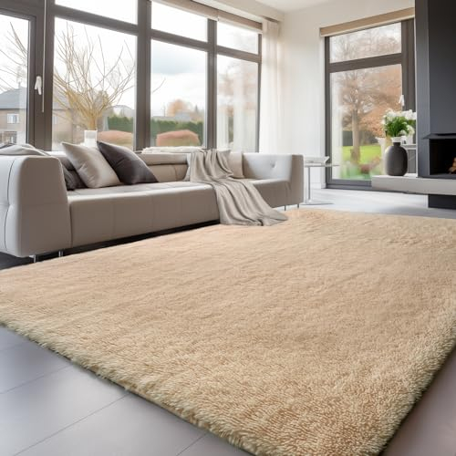 Sour Lemon Hochflor Teppich Beige Teppich Wohnzimmer 160x230 Waschbar Anti-Rutsch Extra Große Teppiche Schlafzimmer Flauschige Moderne Teppiche Matte Teppichen für Schlafzimmer Kinderzimmer