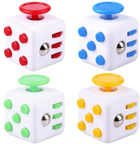Fzyisw 4 Stück Fidget Toys Cube, Anti Stress Würfel, Anti Stress Cube mit 6 Seiten Funktion, Autismus Spielzeug für Kinder und Erwachsene Stressaubbau bei Nervösität (Rot, Gelb, Blau, Grün)