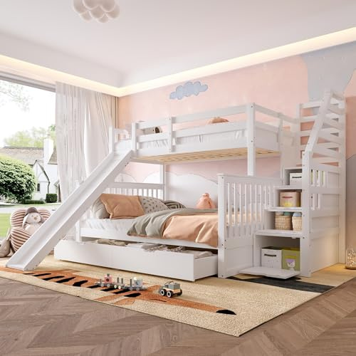 Dolamaní Hochbett 90x200&140x200, Etagenbett mit Rutsche und Schubladen, Kinderbett mit Stauraum Treppe, Stockbett für 2 Kinder(Weiß-B, 90x200+140x200cm)