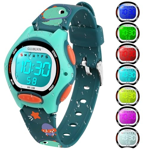 GUUMUXIN Armbanduhr Kinder,Kinderuhr mit Bedrucktem Armband und 7 Farbigen LED Lichtern,30M wasserdichte Digitale Kinderuhren für Jungen Mädchen 4-12 (Grün)