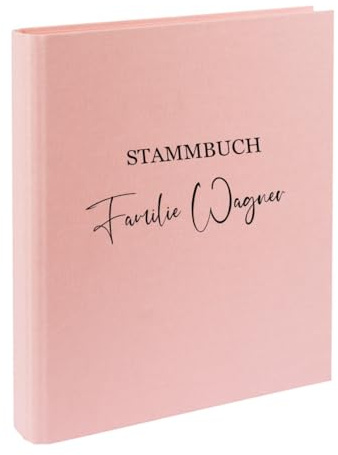 AWASG Dokumentenmappe Stammbuch - Personalisiert mit Namen - Ringbuch Ordner für die Familie - Familienordner Leinen zum Einsortieren von Unterlagen (rosa)