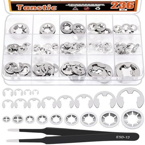 Tanstic 236Pcs Internal Tooth Star Lock Washers and E-Clip Push On Locking Washers Quick Speed Locking Washers External Retaining Ring with Tweezers for Machinery Equipment, Bearings, Shafts