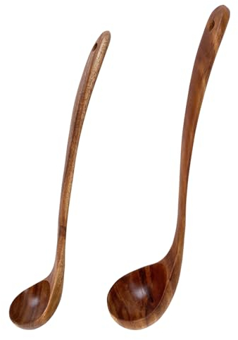 UPTALY Lot de 2 louches en bois de teck avec long manche (34 cm, 32 cm), faites à la main, louche de cuisine pour casserole profonde, récipients hauts, grandes marmites, cuillère de cuisine japonaise